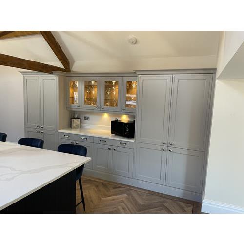Farm house style kitchen with grey cabinets and carrara marble worktops 500x500