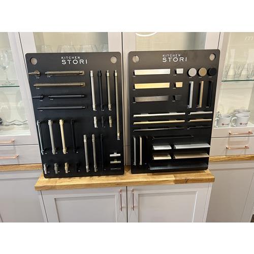 Kitchen cabinet handle display boards with range of handles in various finishes 500x500